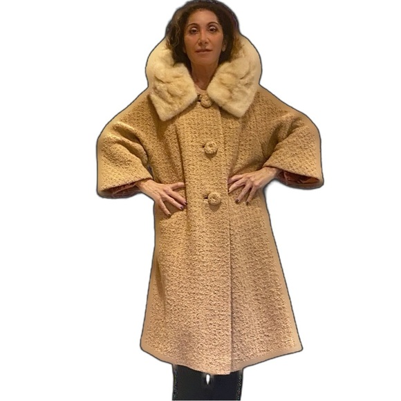 Vintage Berona tan beige swing Wool coat with white mink collar estimated sz M/L - Picture 3 of 17